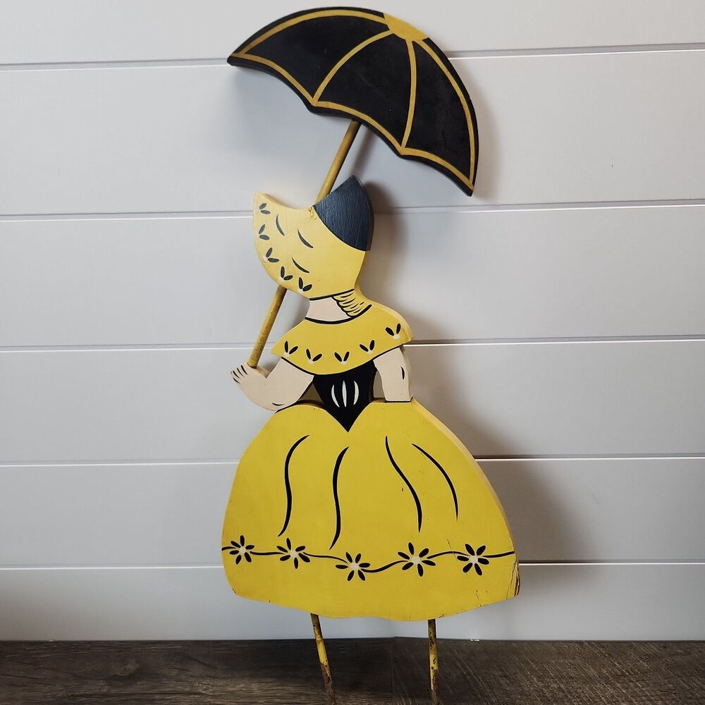 Folk Art Yard Garden Spike Hand Painted Girl 18-19.5” Double Sided Yellow Dress